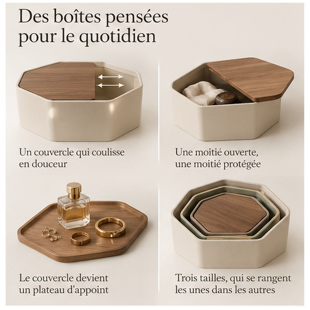 Boîtes Nid Hexa — Ensemble de trois boîtes gigognes à couvercle coulissant