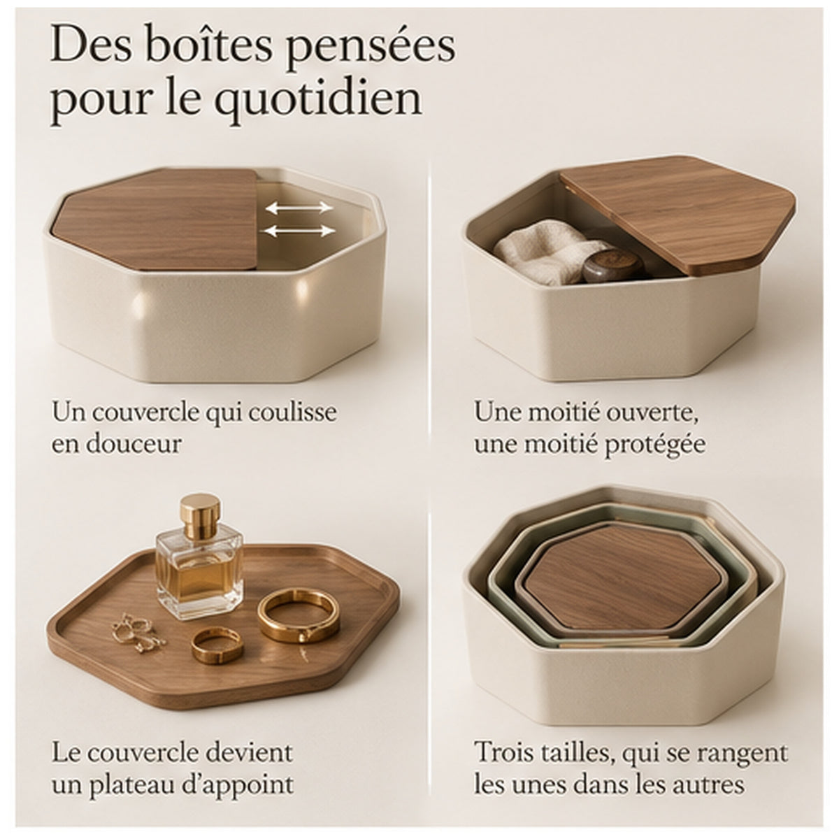 Boîtes Nid Hexa — Ensemble de trois boîtes gigognes à couvercle coulissant