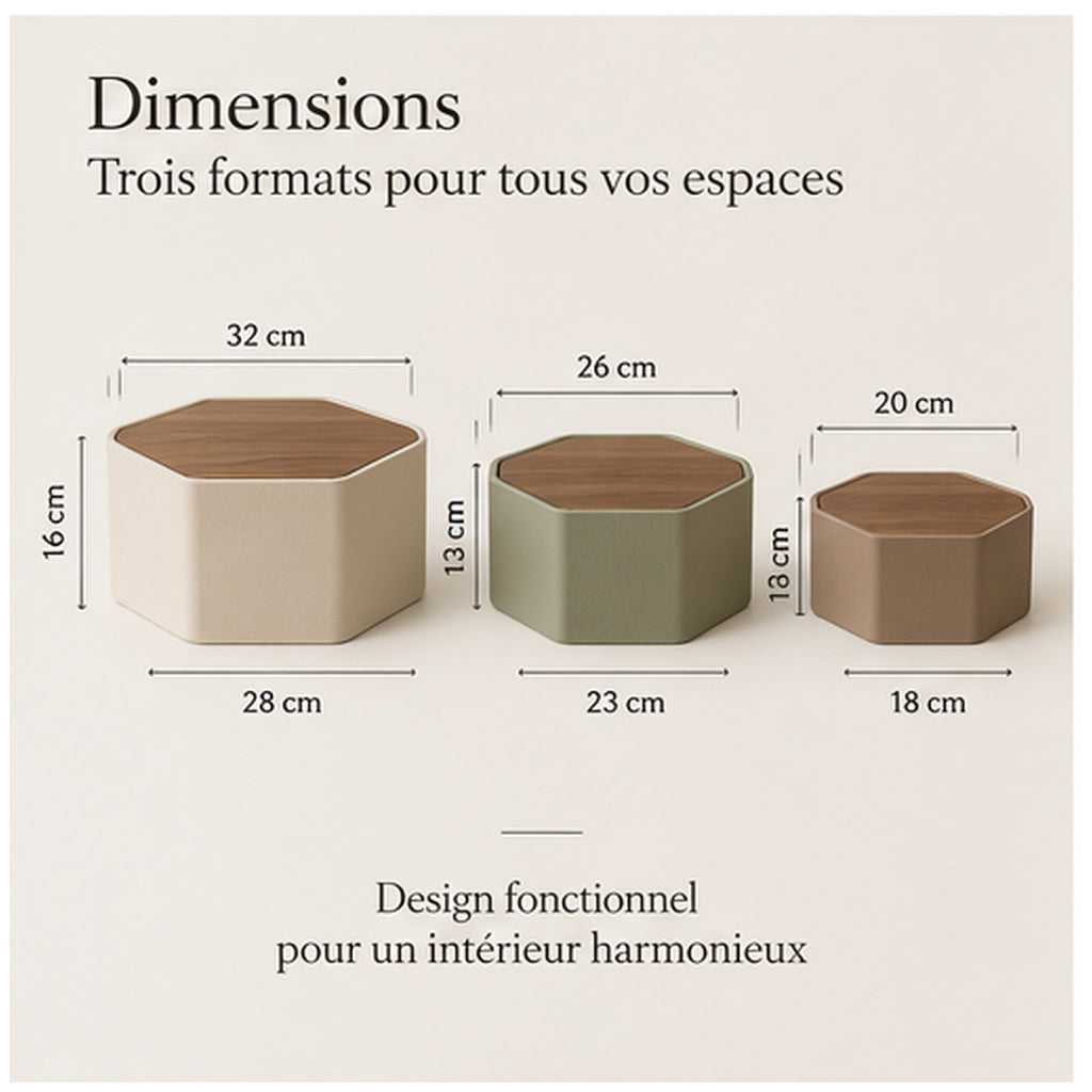 Boîtes Nid Hexa — Ensemble de trois boîtes gigognes à couvercle coulissant