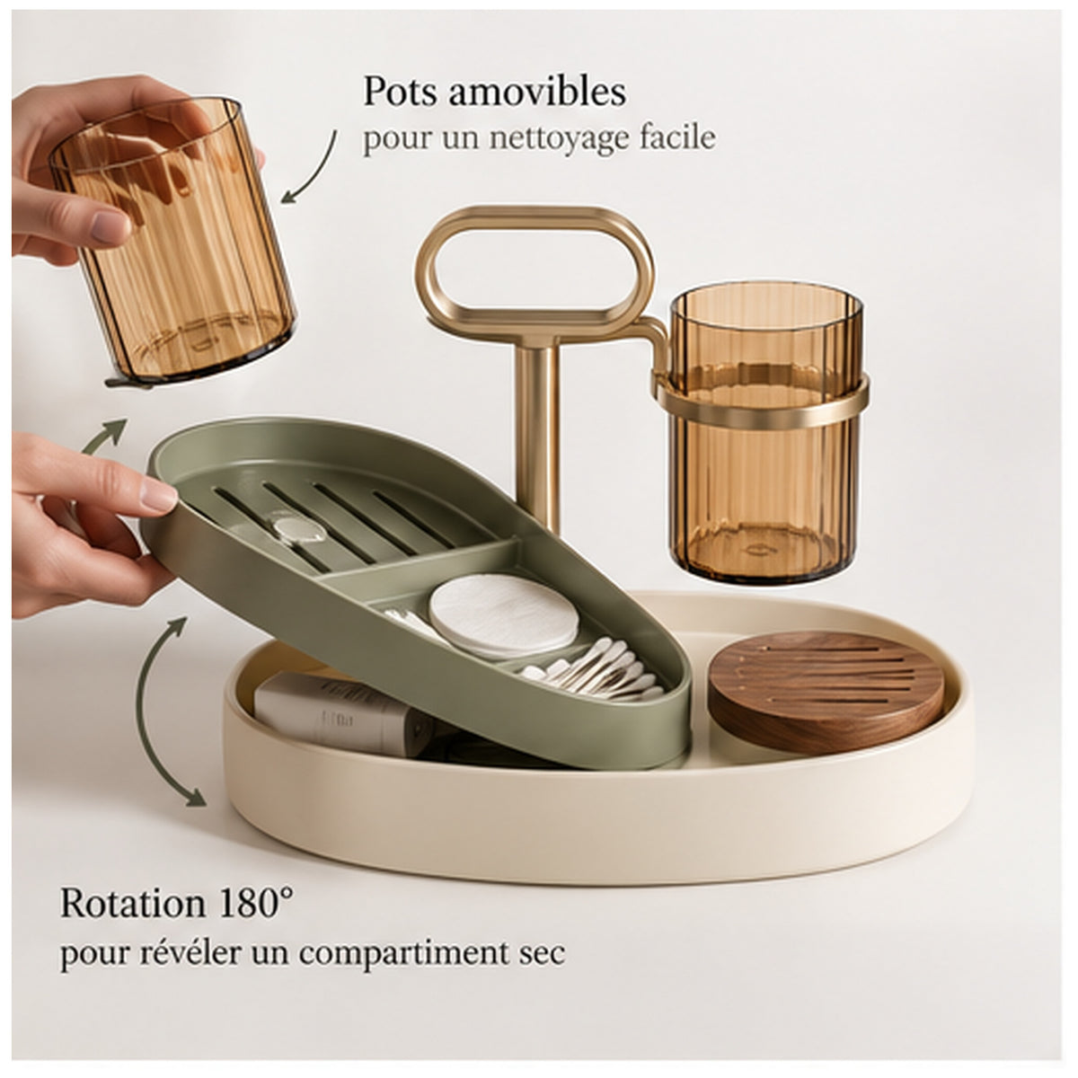 Organisateur Lavabo Halo — Plateau rotatif avec compartiment sec