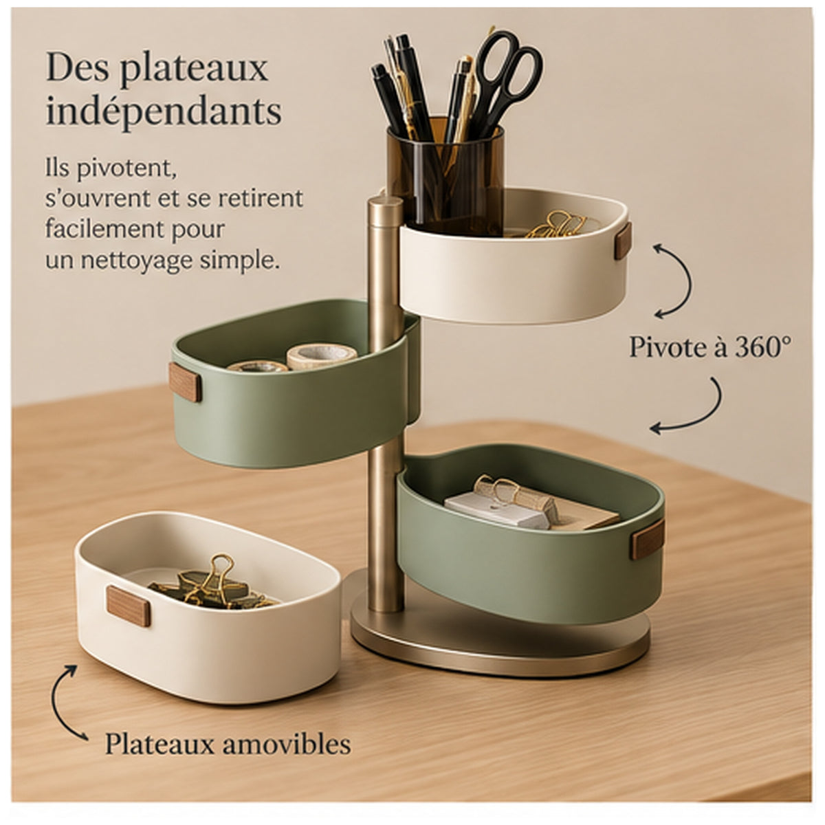 Organiseur Bureau Totem — Quatre plateaux pivotants et amovibles
