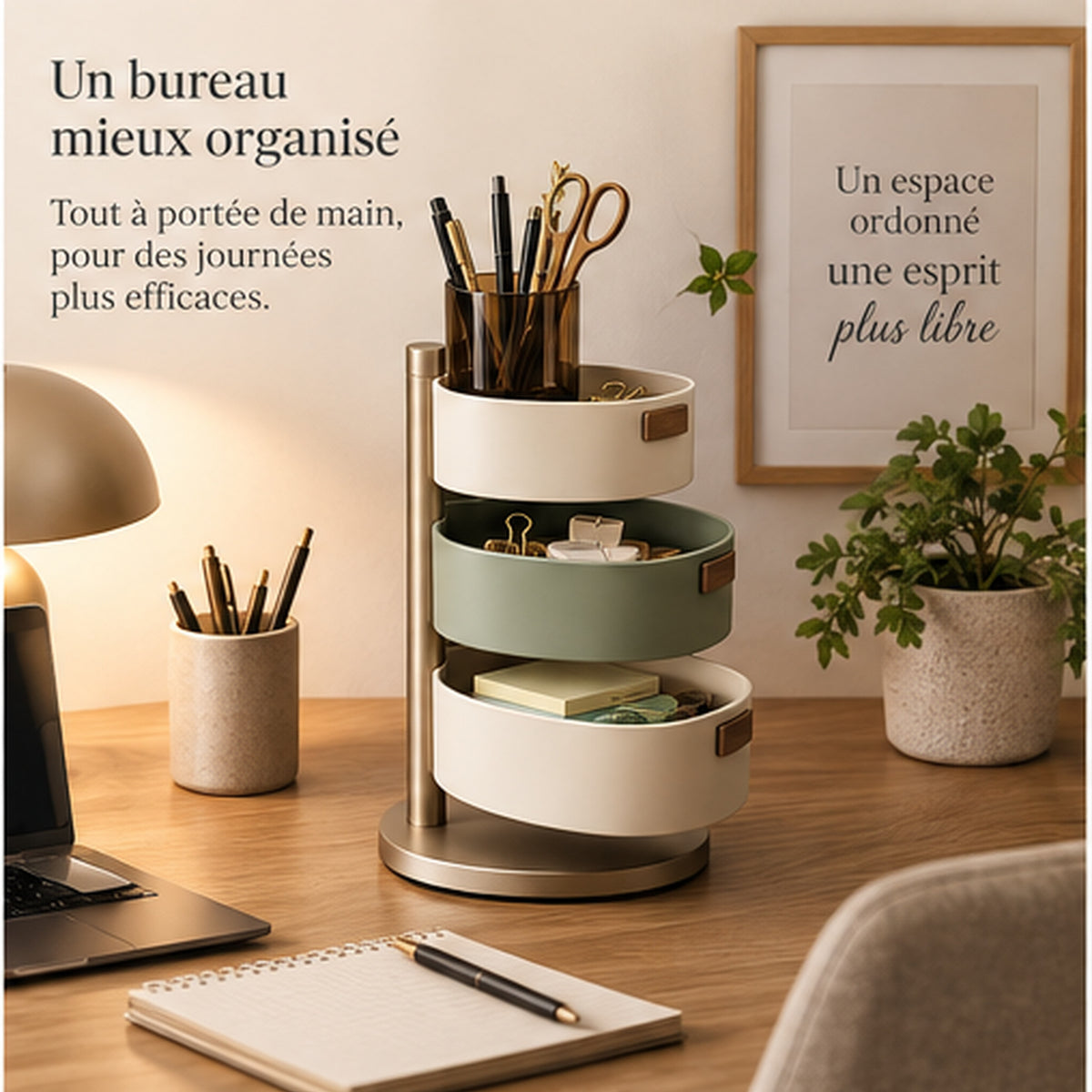 Organiseur Bureau Totem — Quatre plateaux pivotants et amovibles